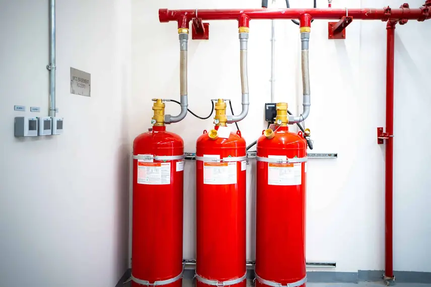 Fire-Suppression-Systems Red fire suppression cylinders and piping in a high-risk environment, showcasing Reliable Fire Protection's specialized fire suppression systems.