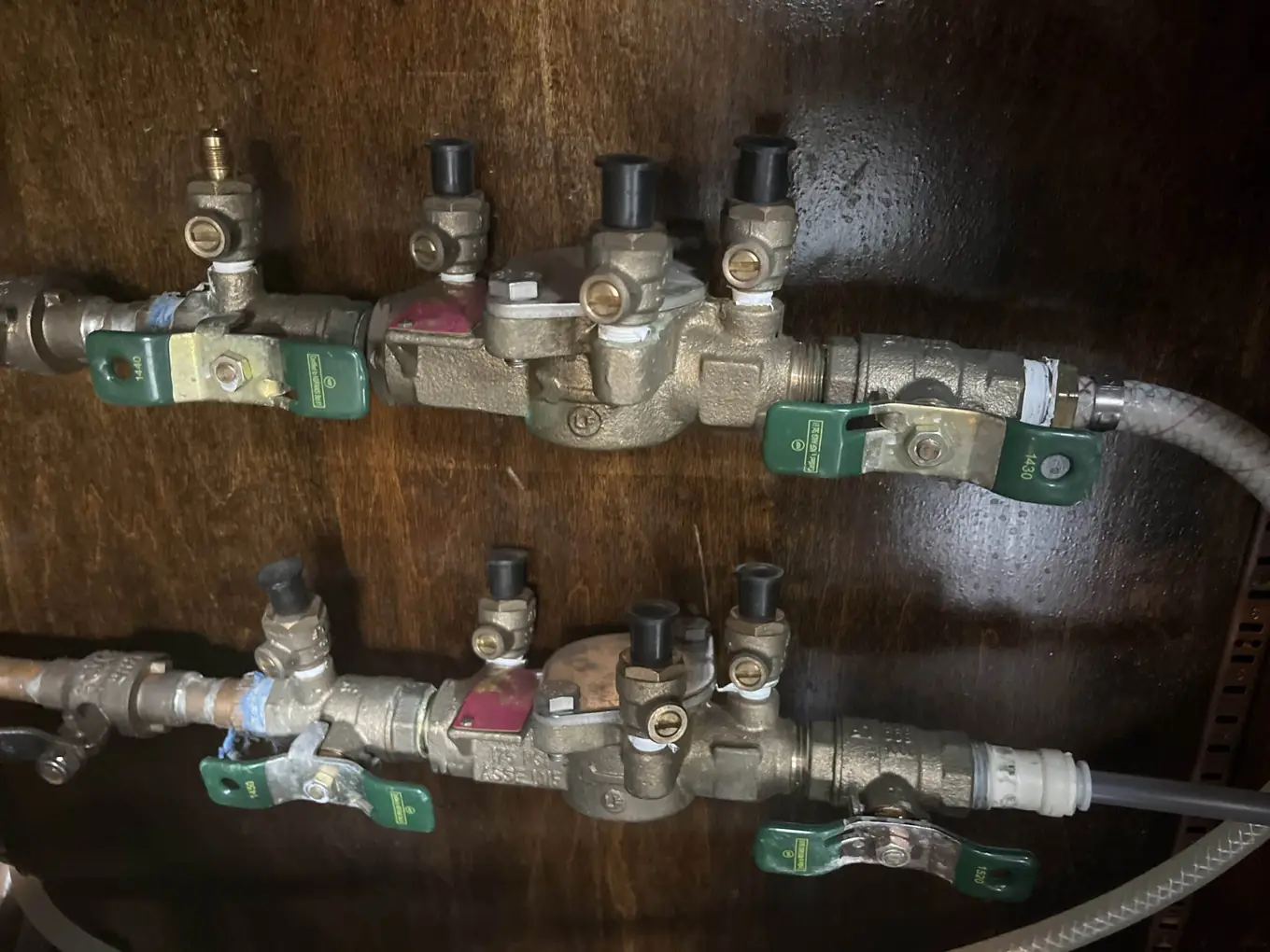 Two backflow preventer assemblies with test cocks and shut-off valves