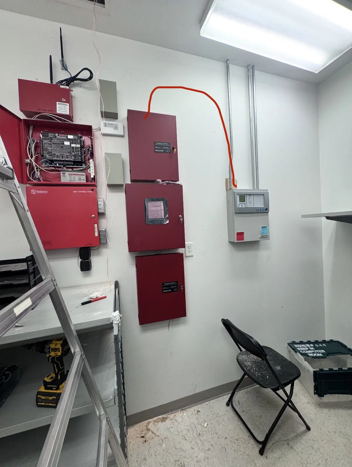 Fire alarm control panels and power supplies in a building equipment room