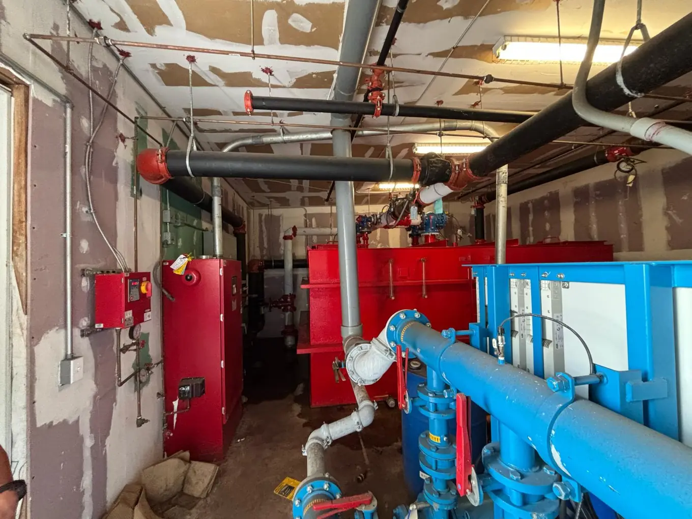 Fire pump room with pumps, controllers and piping