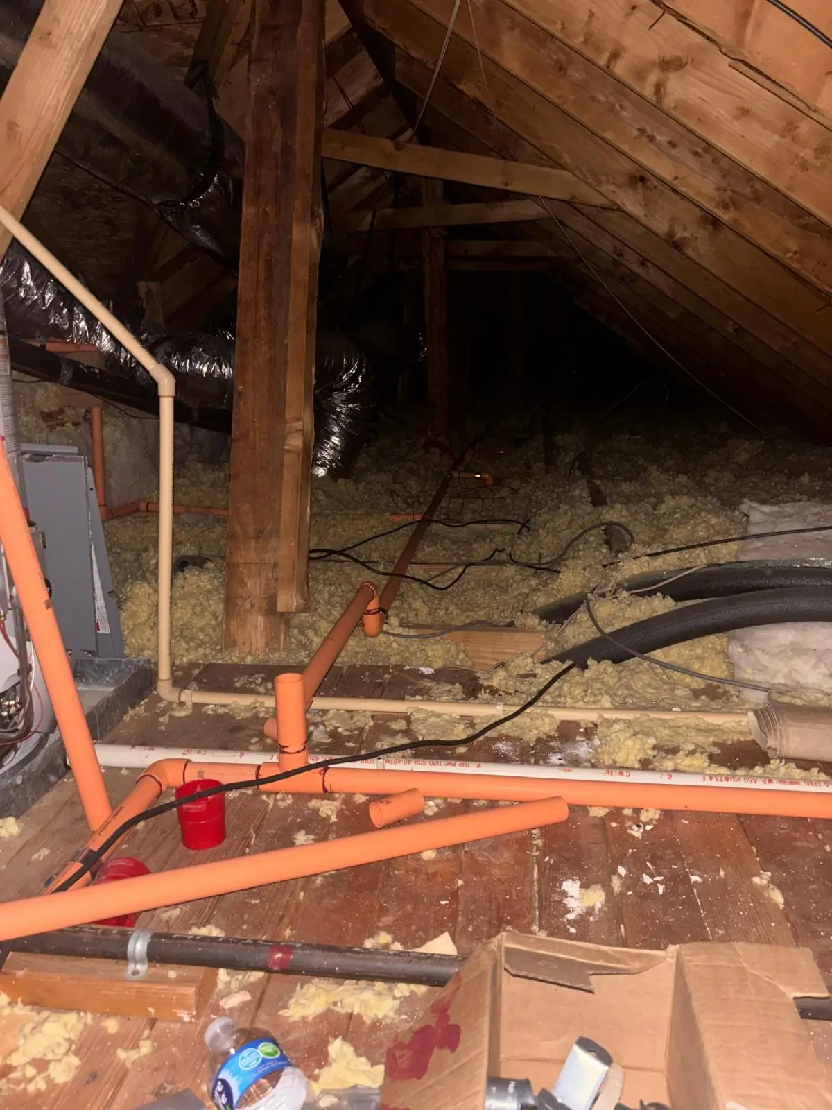 Orange CPVC fire sprinkler piping run through an attic