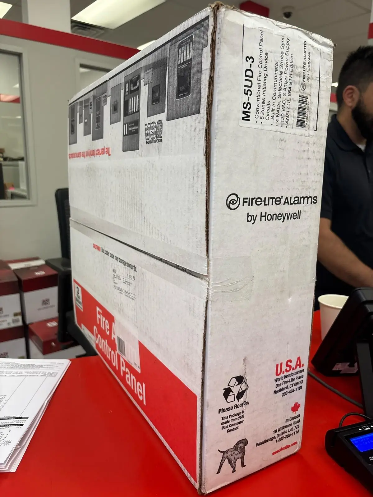 New Fire-Lite MS-5UD-3 fire alarm control panel in its box, ready to install