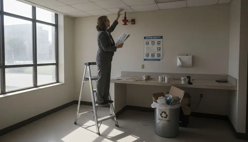 Property manager inspects smoke detector and sprinkler