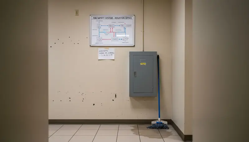 Fire safety system diagram in office hallway