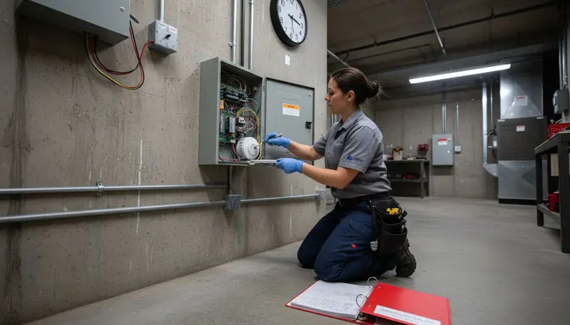 Technician services fire alarm panel components
