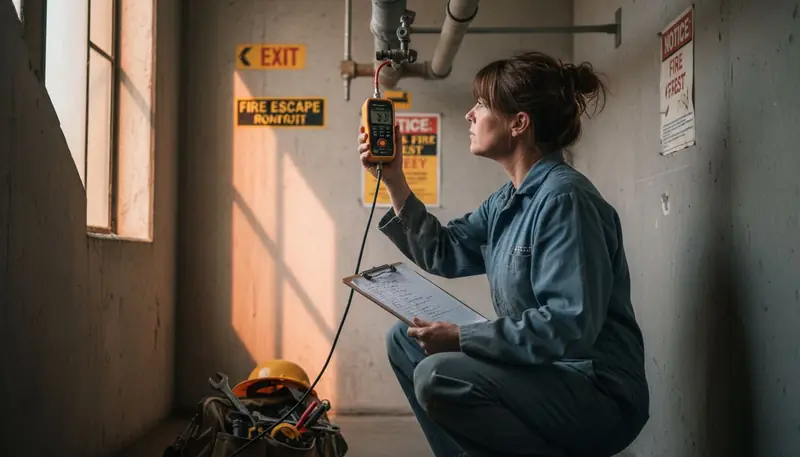 Engineer testing sprinkler system in building