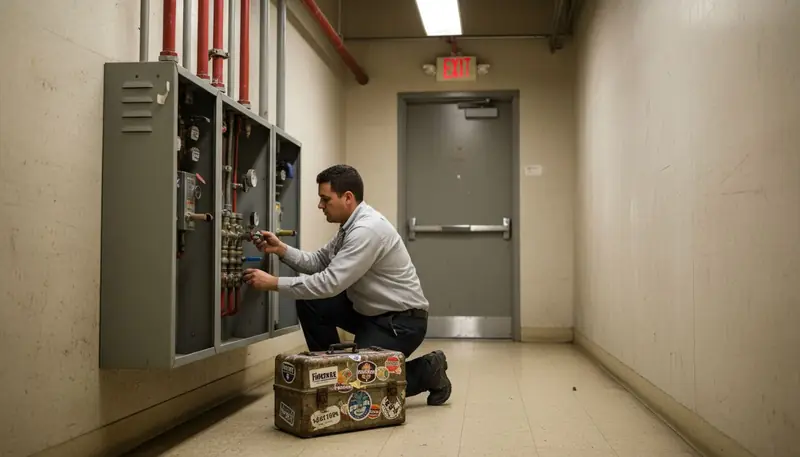 Worker adjusting Houston fire sprinkler system