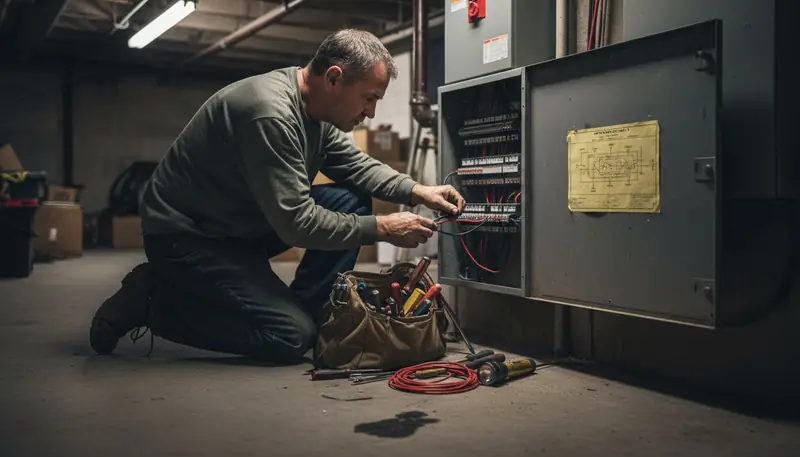 Electrician wiring fire alarm control panel