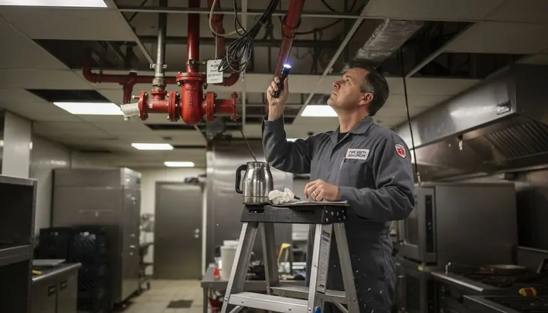 Technician inspecting commercial fire system