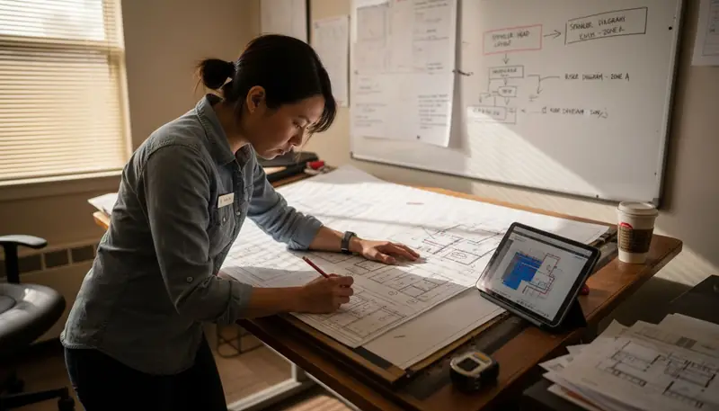 Engineer marking fire system blueprints