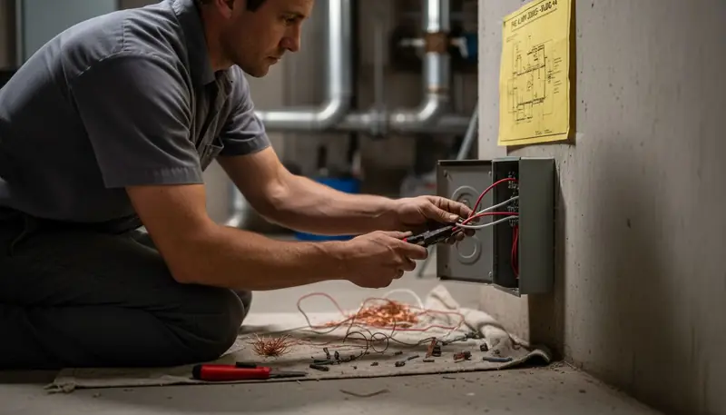 Close-up of technician wiring fire alarm