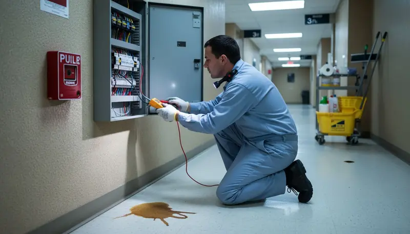 Engineer inspects electrical panel for fire risks