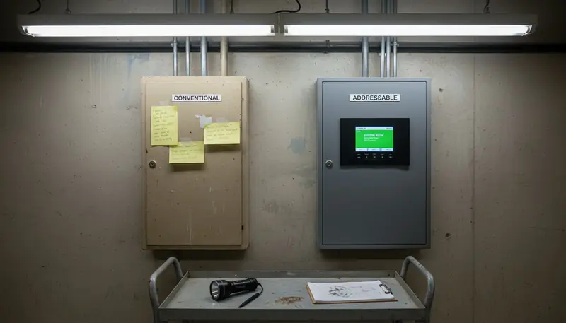 Conventional and addressable fire panels side by side