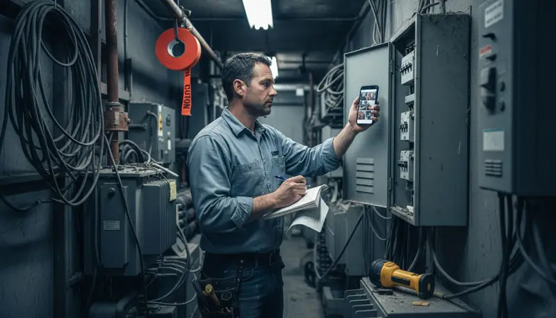 Supervisor recording fire risks in electrical room