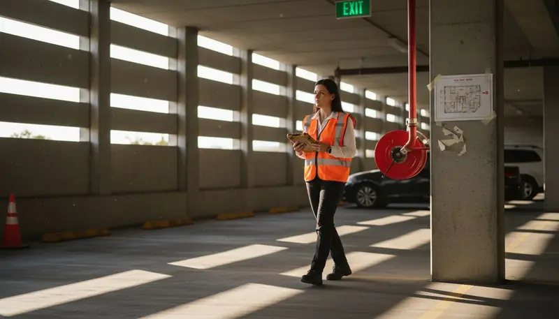 Manager inspecting fire hoses Houston garage