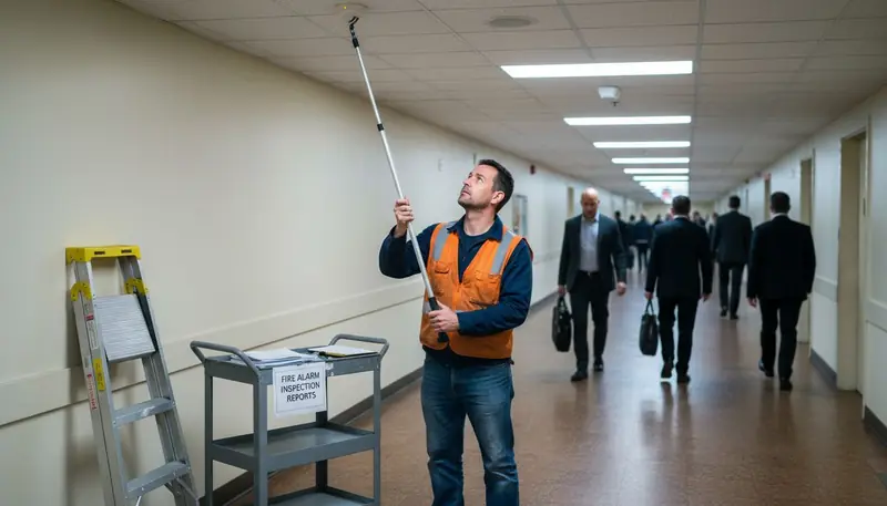 Worker testing fire alarm in hallway