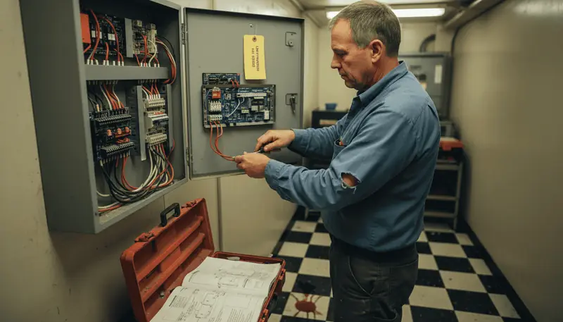 Technician updating fire alarm inspection wiring