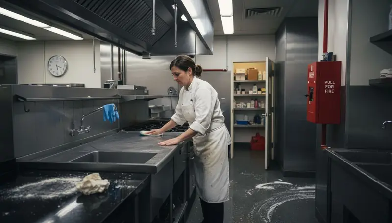 Chef cleaning after fire suppression in kitchen