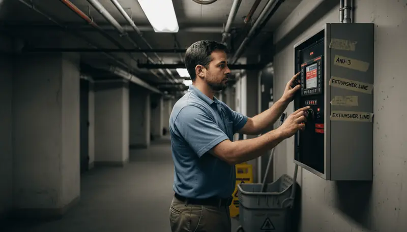 Technician checks fire alarm control panel