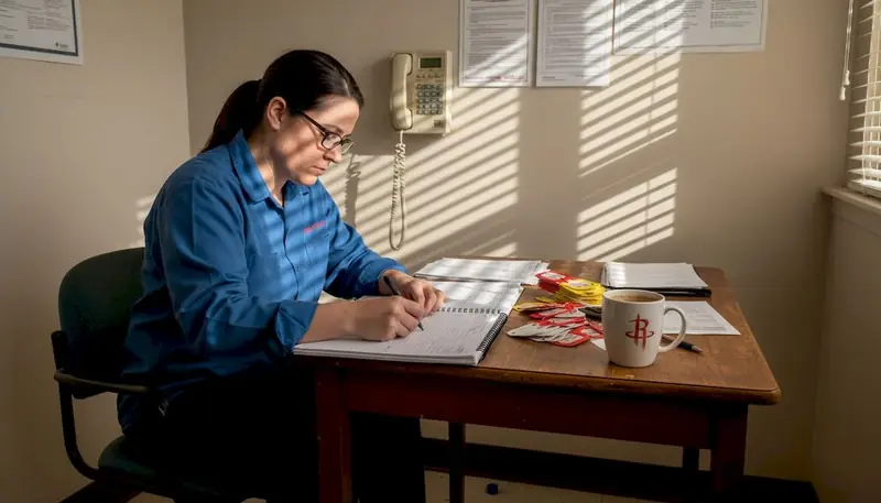 Coordinator updating fire extinguisher inspection records