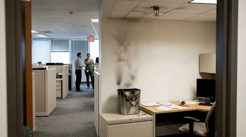 Office fire sprinkler after extinguishing small fire