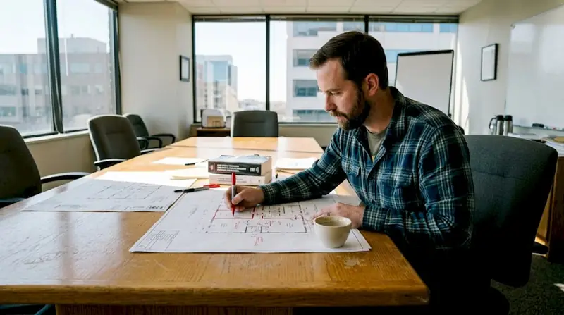 Consultant reviewing building zone floor plans