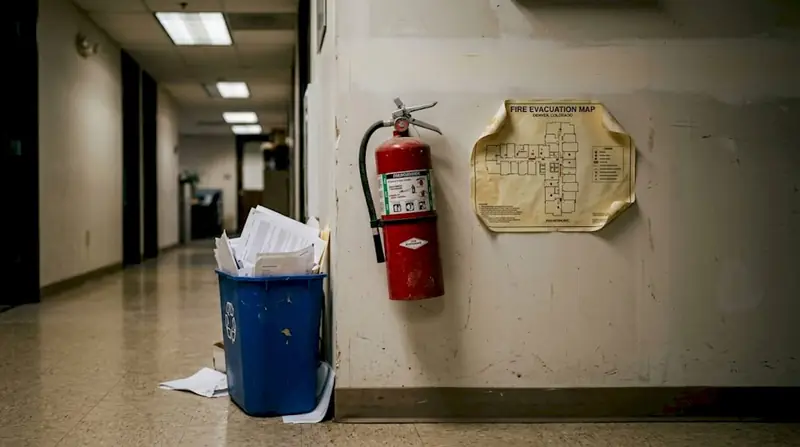 Neglected fire extinguisher on office corridor wall