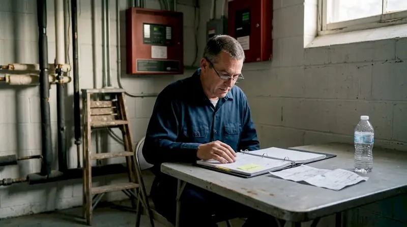 Manager reviewing urgent fire system log