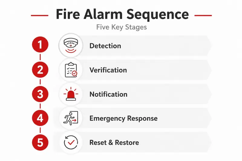 Infographic showing fire alarm sequence steps