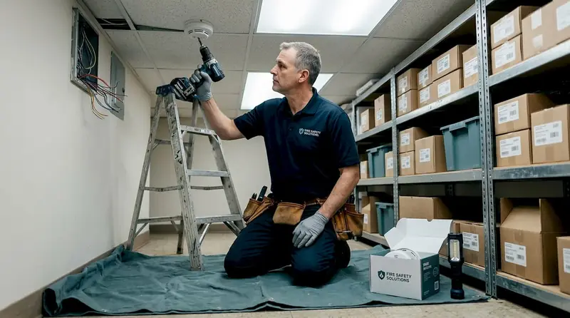 Technician installing smoke detector in backroom