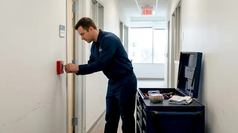 Technician reset fire alarm during inspection