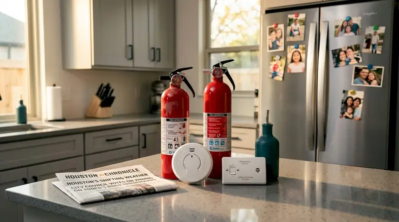 Fire safety devices on kitchen counter