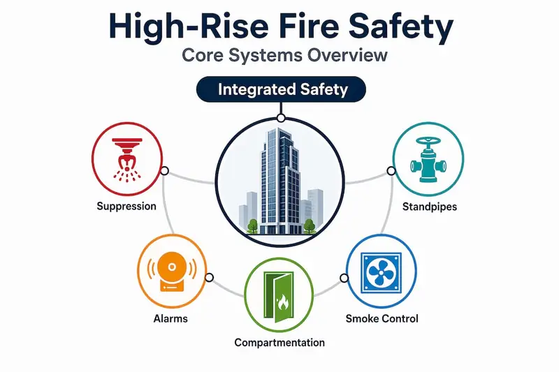 Infographic showing core high-rise fire safety systems