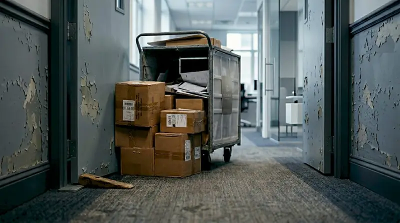 Blocked office fire door with delivery carts and boxes