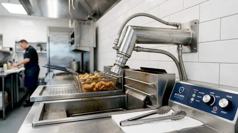 Close-up fire suppression nozzle above fryer