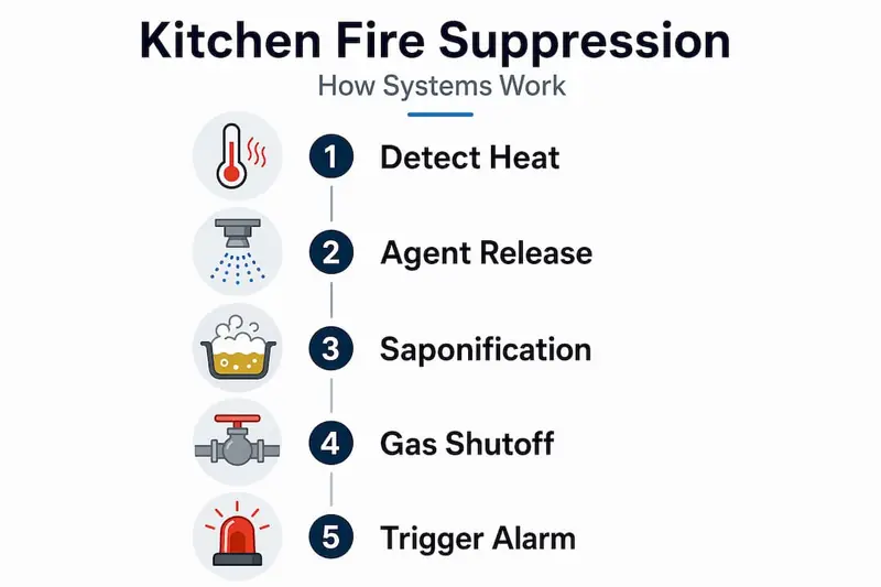 Infographic shows five fire suppression steps