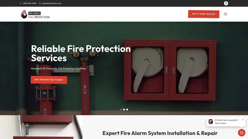 Reliable Fire Protection website homepage showing fire hose cabinets