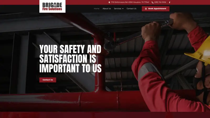 Brigade Fire Solutions website homepage showing a technician at work