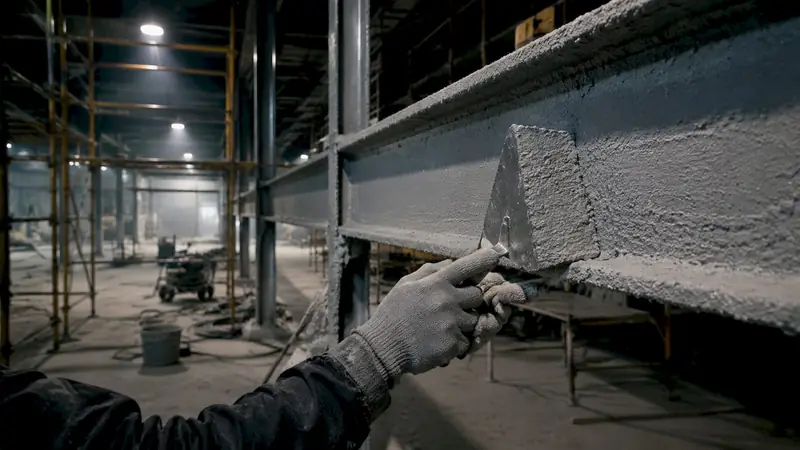 Hands applying spray fireproofing to steel beam
