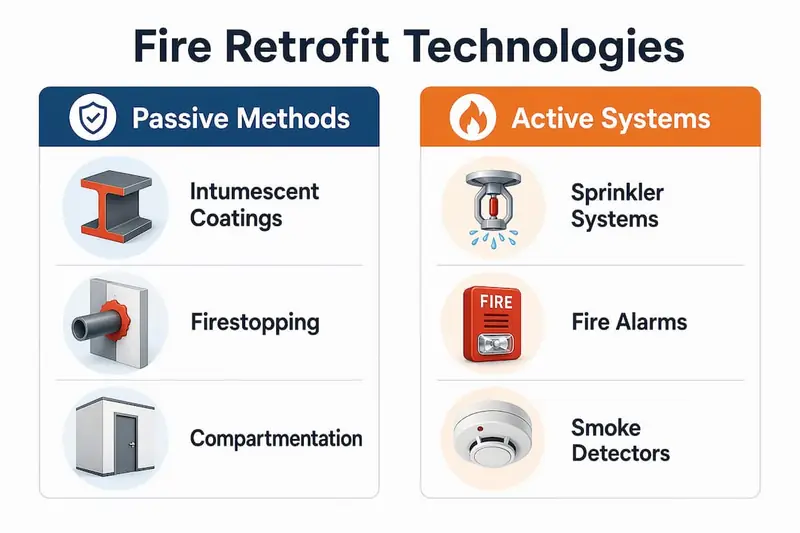 Infographic comparing passive and active fire retrofit technologies