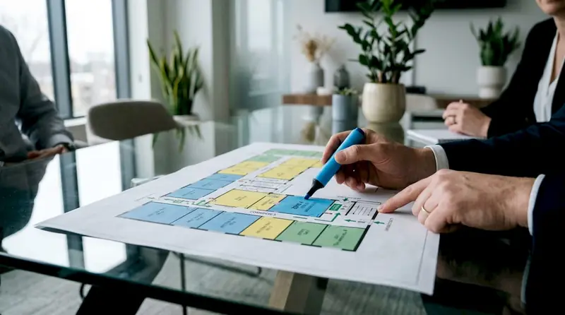 Hands pointing at fire alarm zoning floor plan