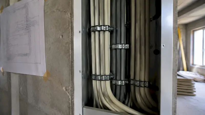 Close-up of fire-resistant cables in conduit