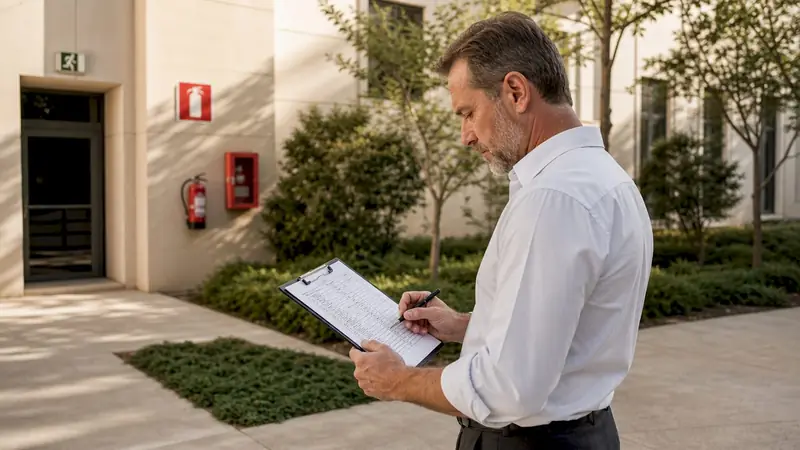 Facility manager conducting fire safety audit