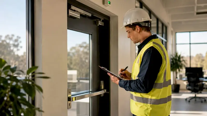 Fire inspector inspecting warehouse emergency exit