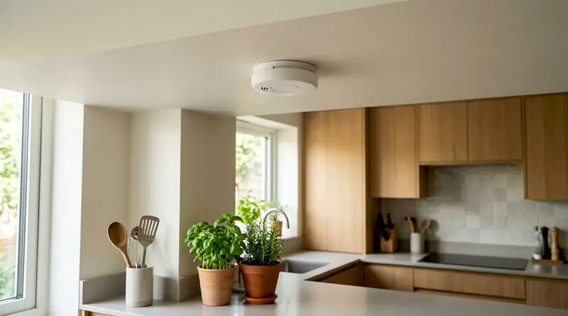 Close-up wireless smoke and heat detectors on ceiling