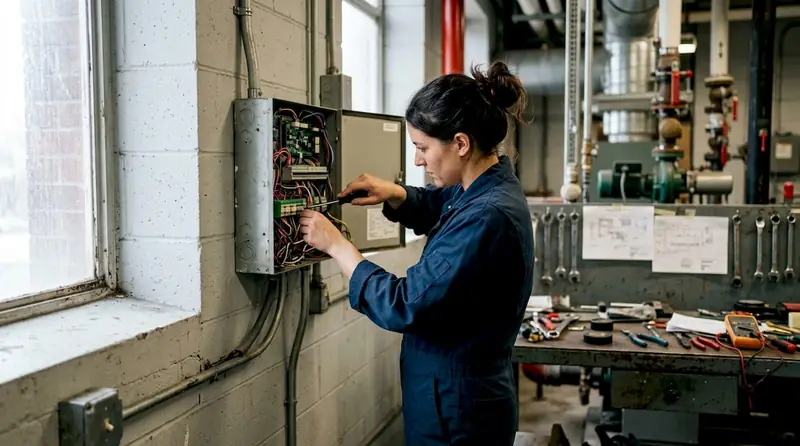 Hands adjusting fire curtain control unit