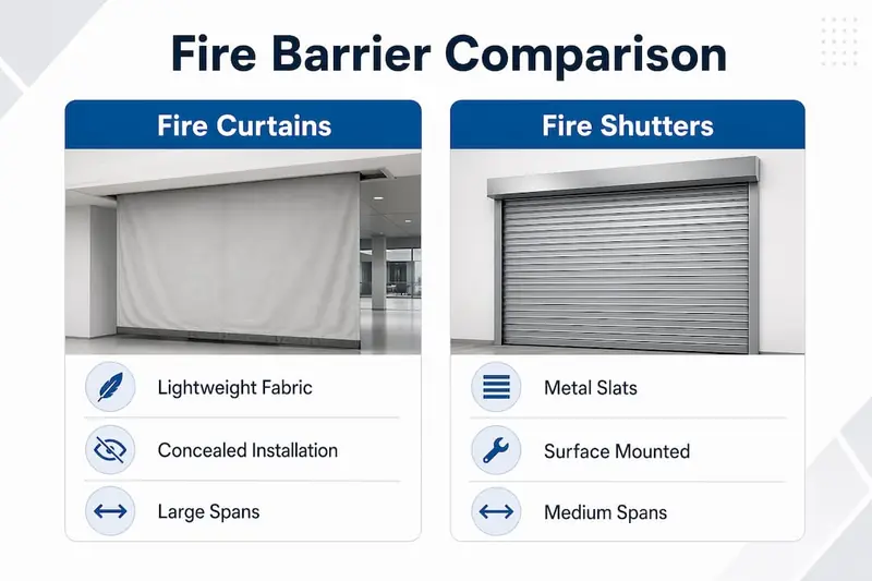Infographic comparing fire curtains and fire shutters