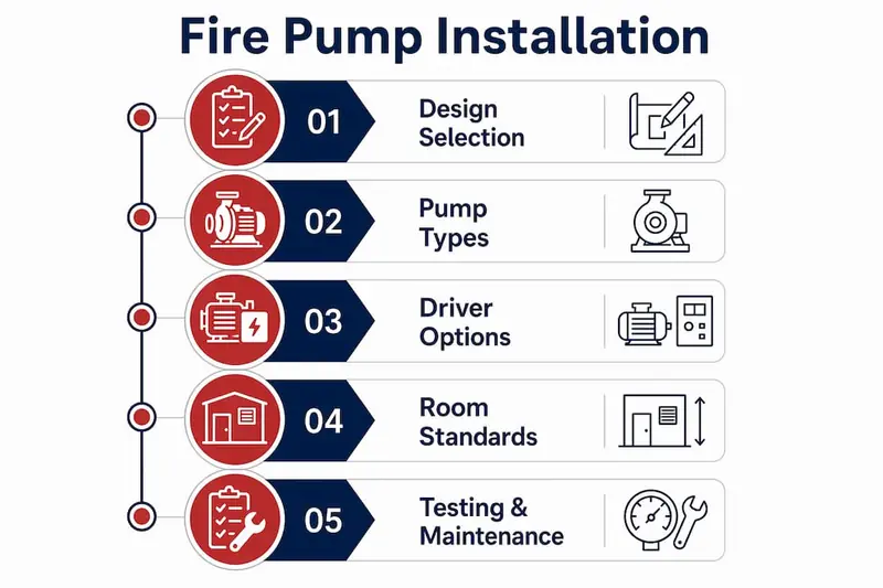 Infographic outlining key NFPA 20 fire pump installation steps