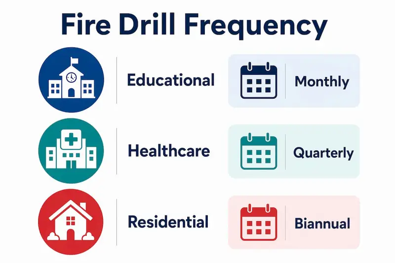 Infographic showing recommended fire drill frequencies by building type