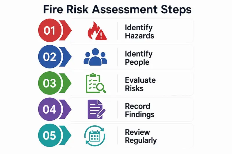 Infographic illustrating five steps of fire risk assessment